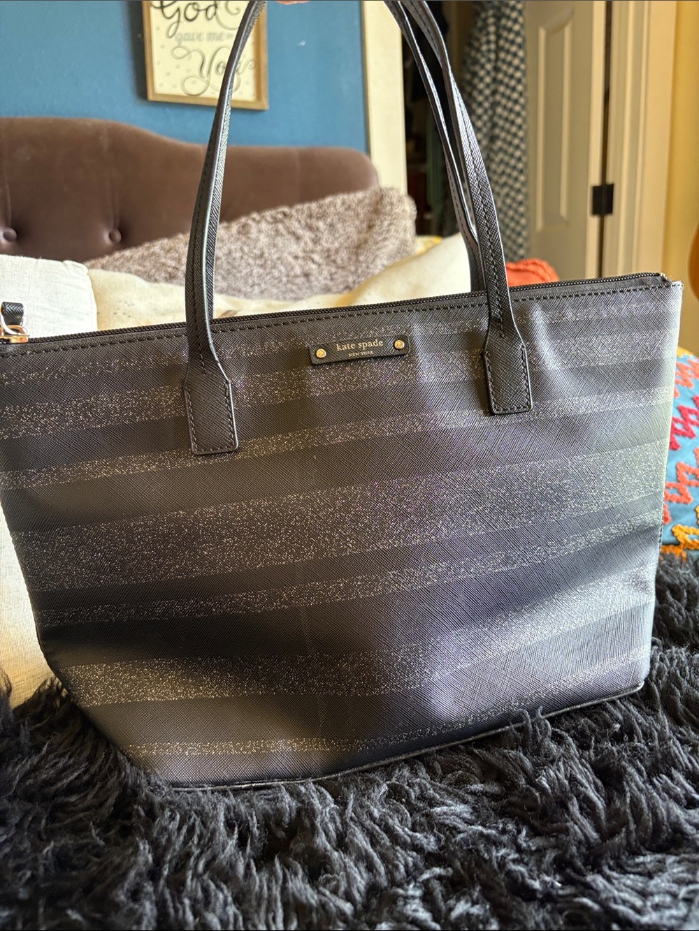 kate spade Black Glitter Stripe Tote Bag